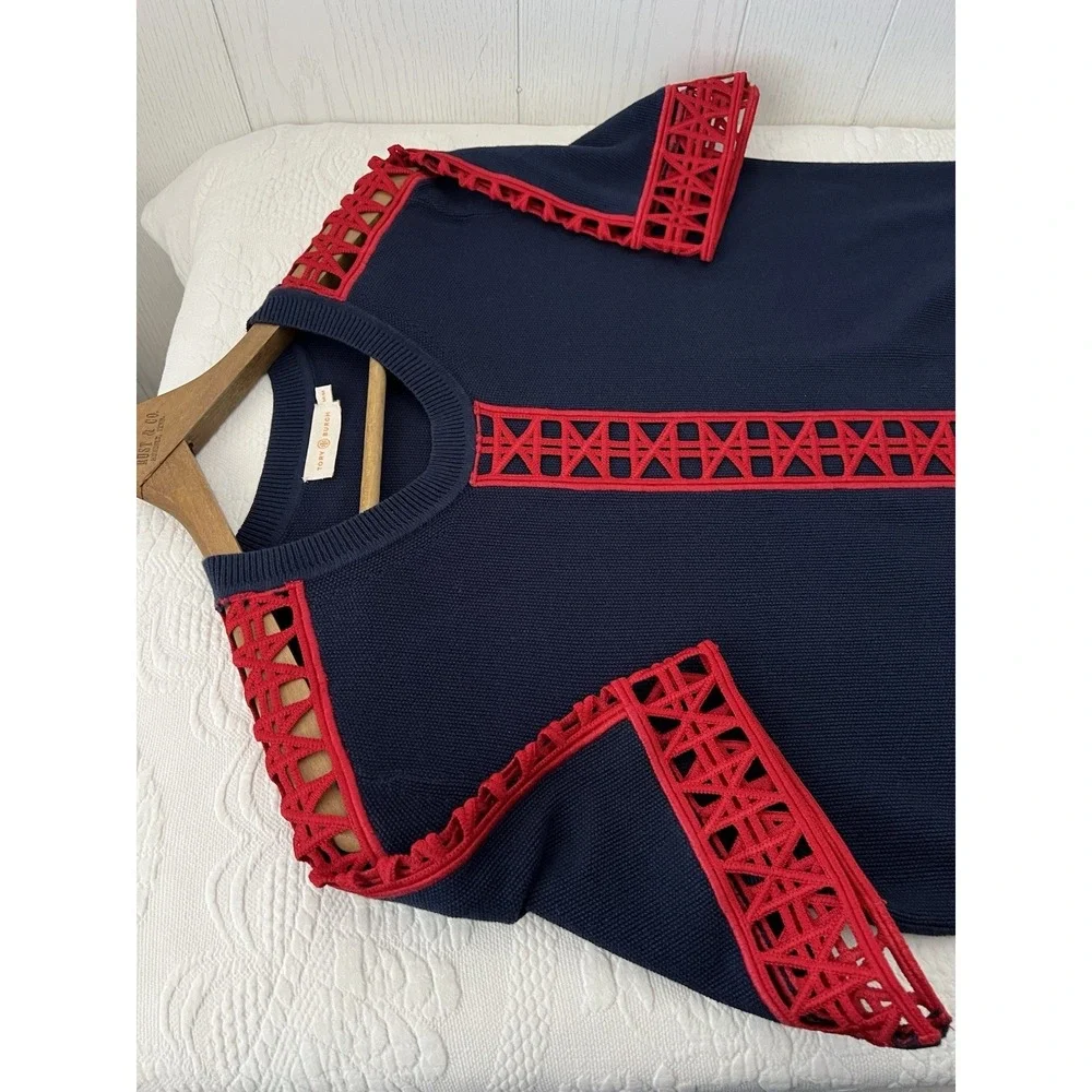 Tory Burch Knit Cotton Navy Blue Red Geo Cut Out Knit Yacht Top Blouse Coastal M